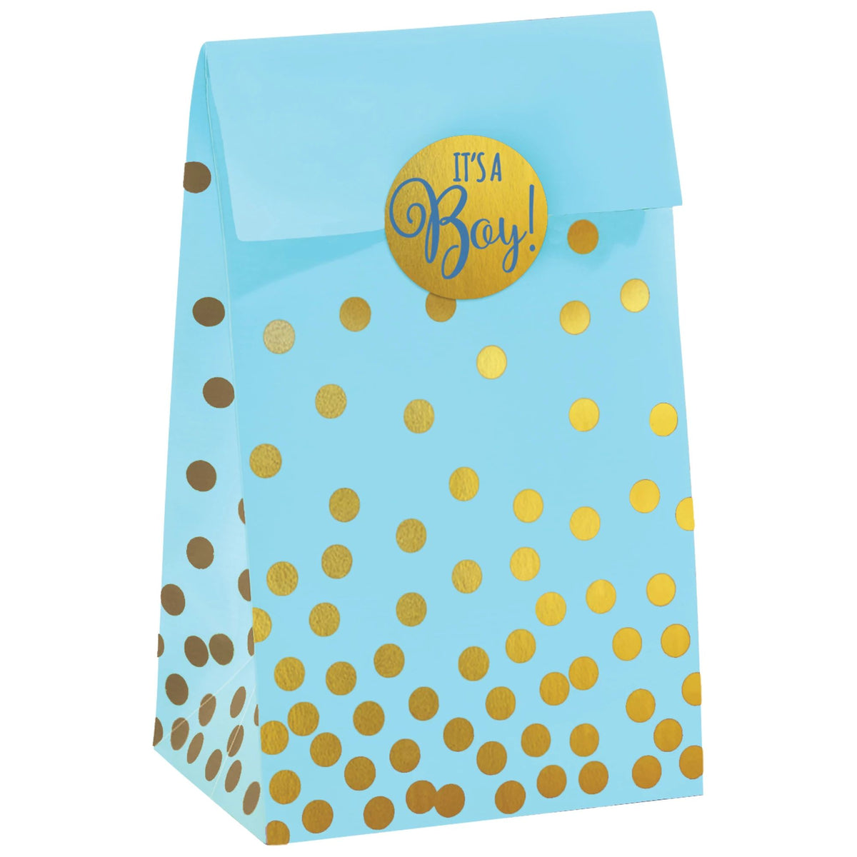 "It's a Boy" Paper Treat Bags, Blue/Gold Polka Dots, 6.5-inch, 20-ct - Case of 48