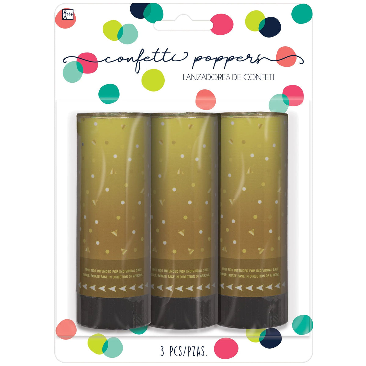 Confetti Cannon Poppers, Gold, 3-ct, for Graduation/New Year's Eve - Case of 72
