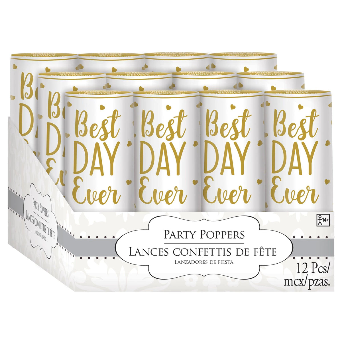 Best Day Ever Confetti Cannon Poppers, White/Gold, for Wedding, 12-ct - Pack of 6