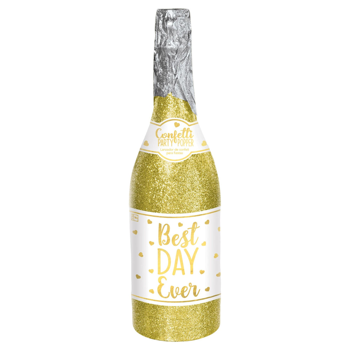 "Best Day Ever" Champagne Bottle Confetti Popper, Gold/White - Case of 24