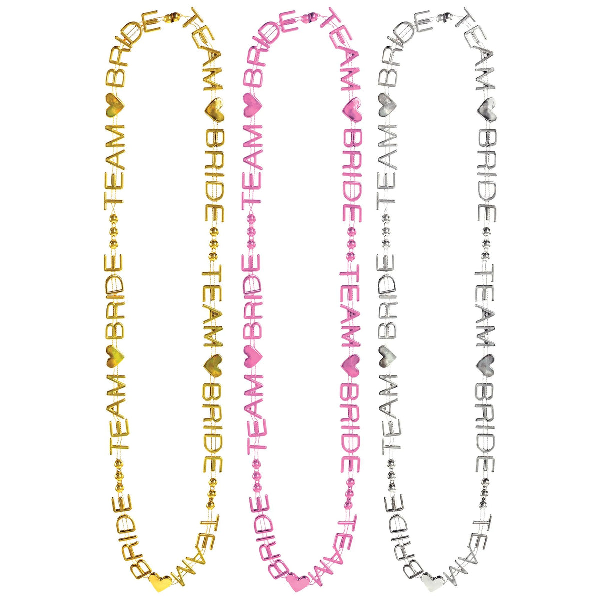 Team Bride Word Beaded Necklaces, Gold/Silver/Pink, 18 inch, 6-pk - Pack of 2