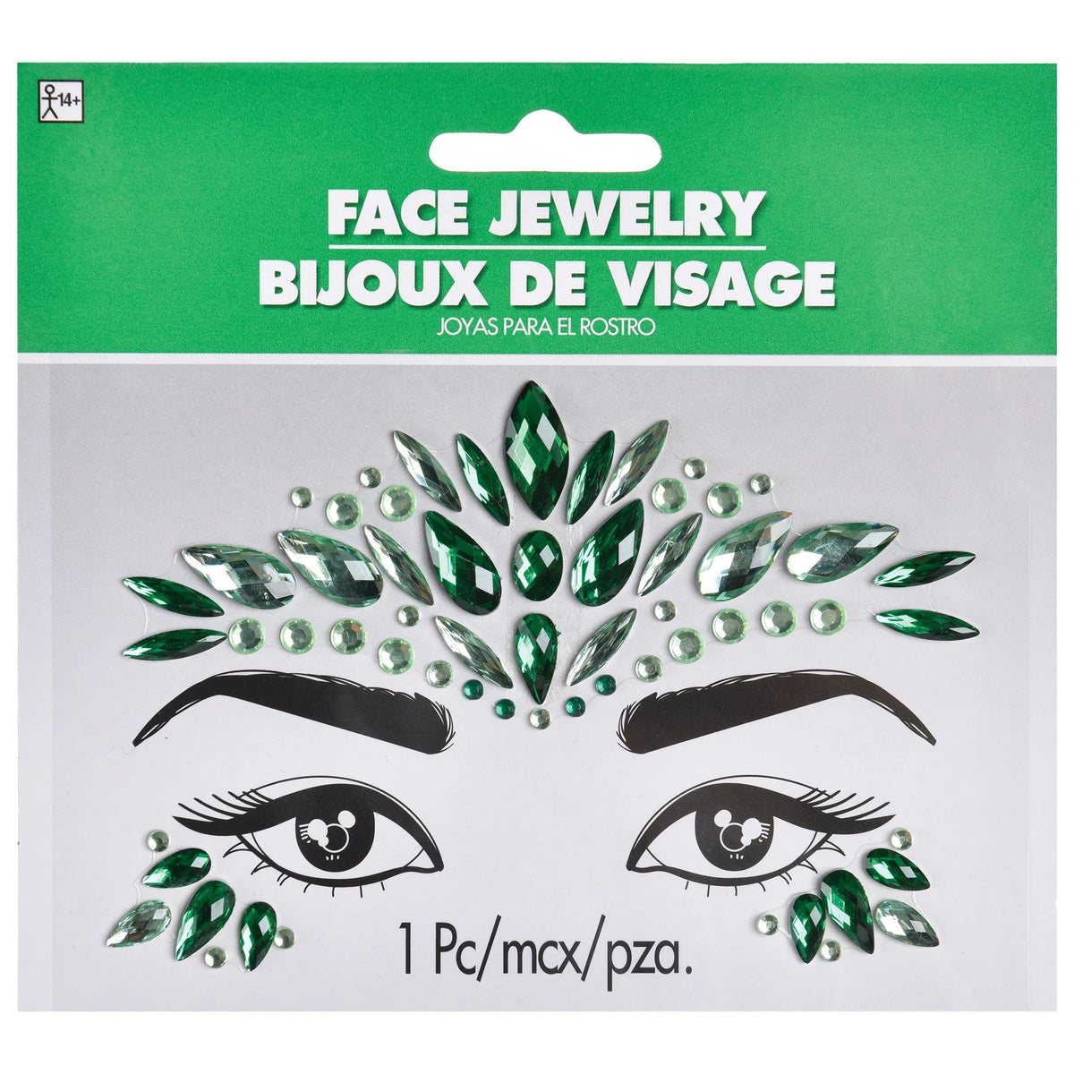 Self-Adhesive Face Jewel Stickers, Green, One Size, Wearable Costume Accessory - Pack of 8