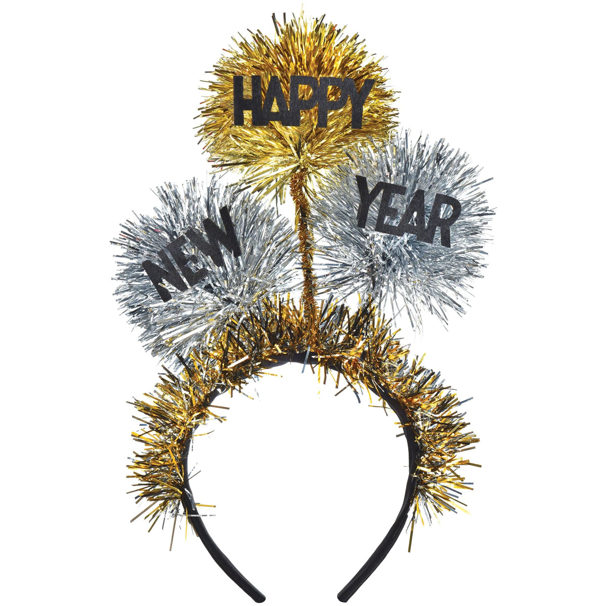 Happy New Year Tinsel Ball Headband, Gold/Silver, One Size - Pack of 6