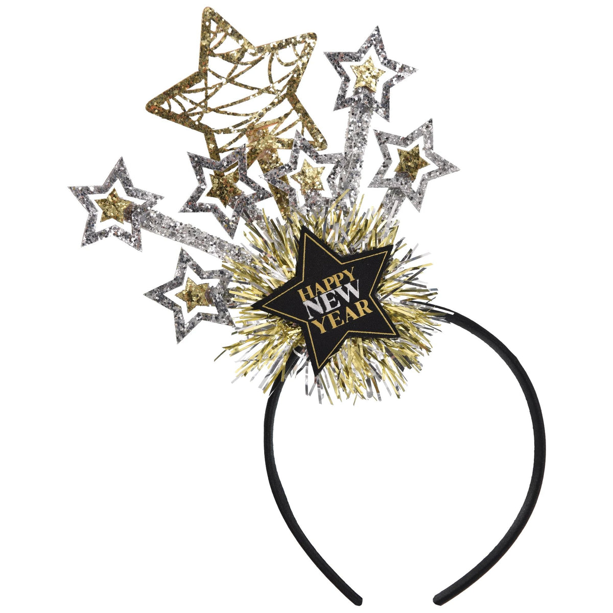 Deluxe Happy New Year Stars Headband, Black/Silver/Gold, One Size - Case of 48