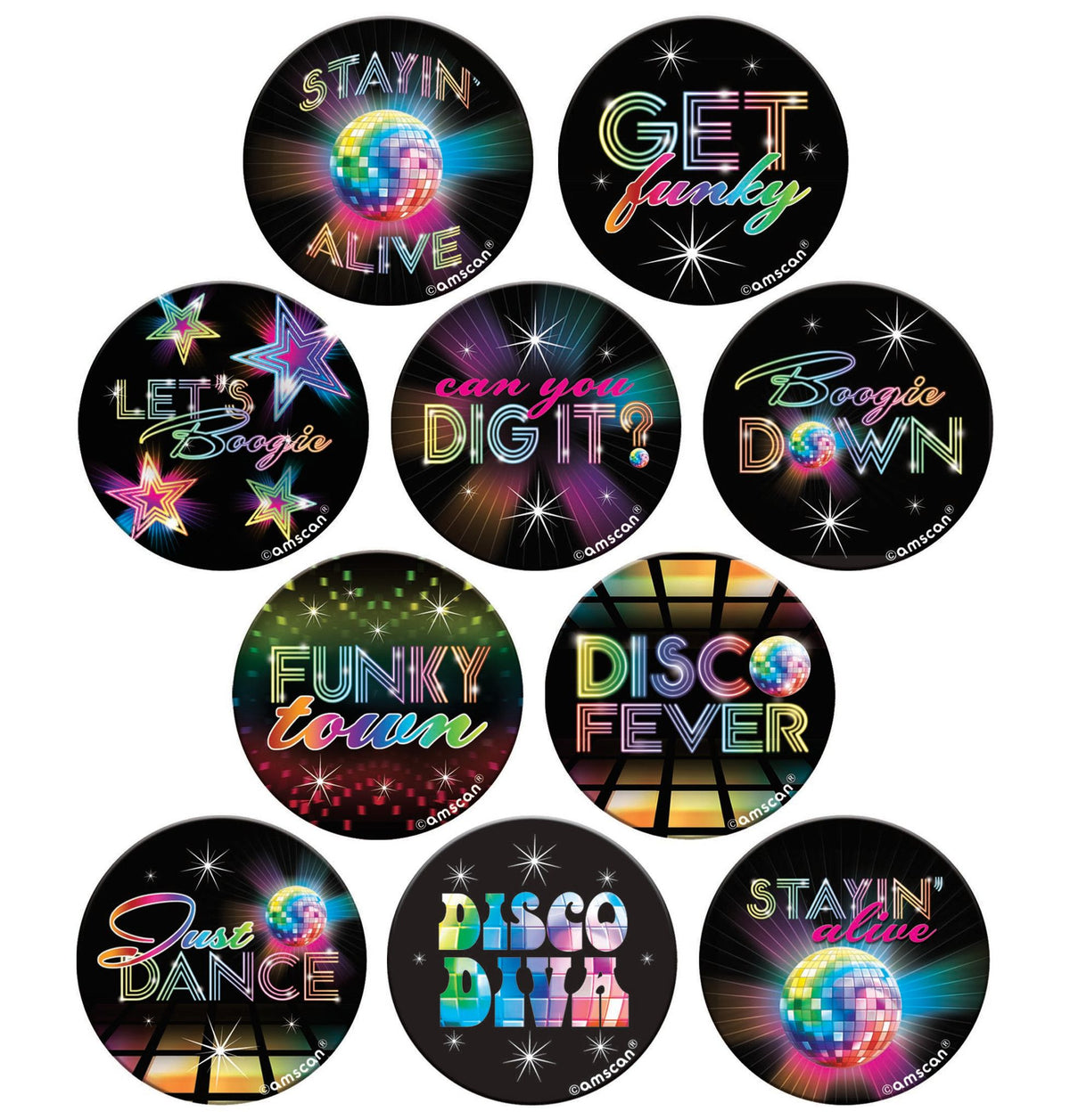 1970s Disco Fever Phrased Buttons, One Size, 10-ct - Pack of 12