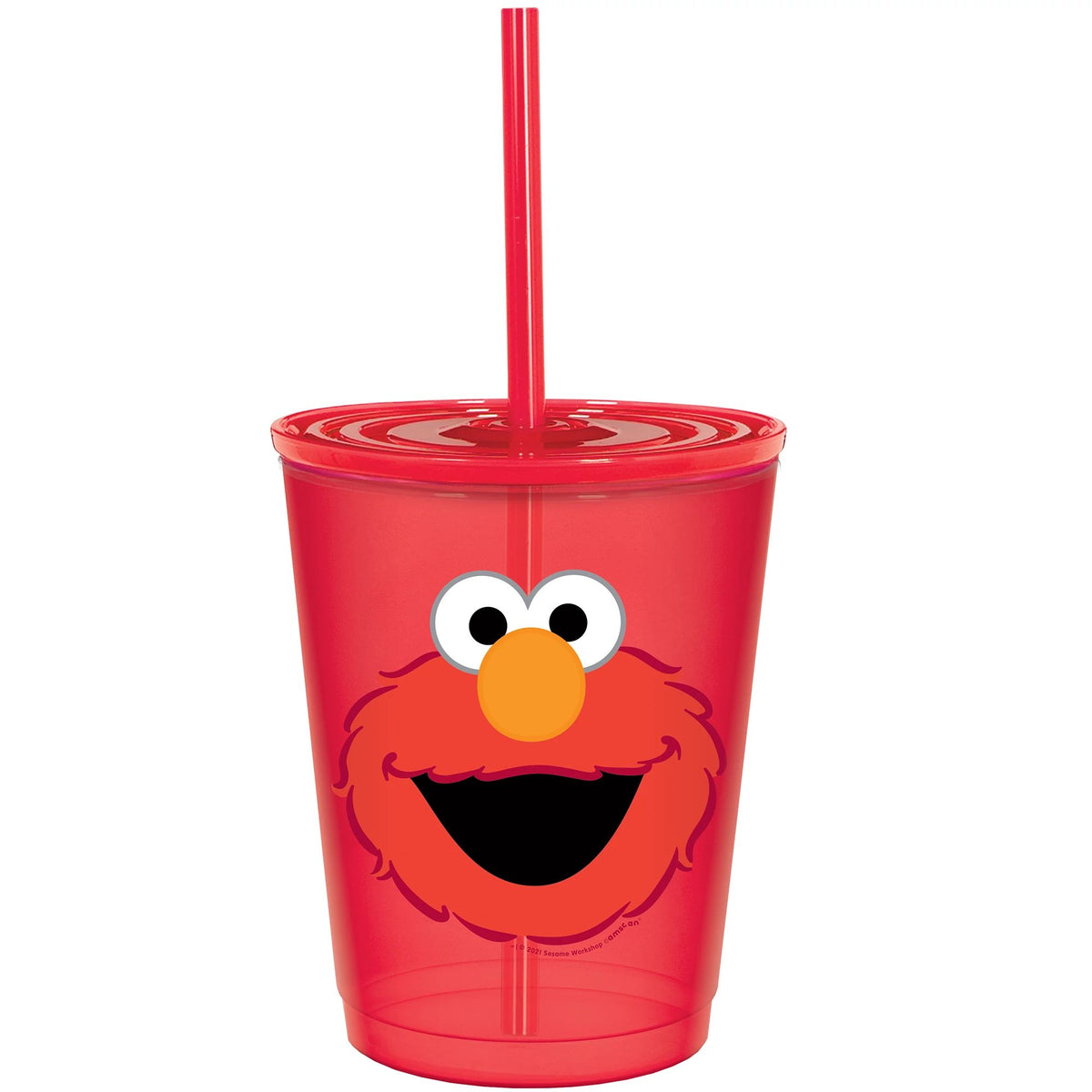 Sesame Street Elmo Reusable Sippy Plastic Cup with Straw, Red, 9-oz - Pack of 6