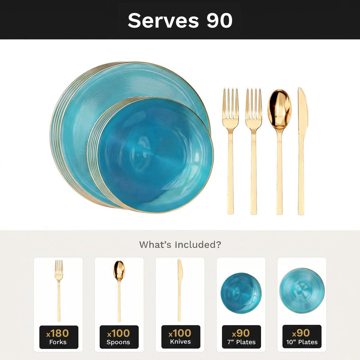 Turquoise Luster Deluxe Set | Plates & Gold Cutlery | Serves 90