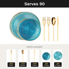 Turquoise Luster Deluxe Set | Plates & Gold Cutlery | Serves 90