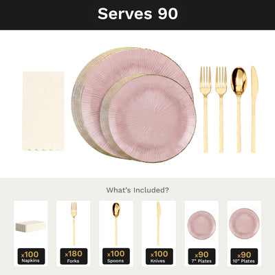 Pink Burst Ultimate Set | Plates, Gold Cutlery & Napkins | Serves 90