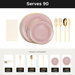 Pink Burst Ultimate Set | Plates, Gold Cutlery & Napkins | Serves 90