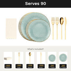 Green Burst Ultimate Set | Plates, Gold Cutlery & Napkins | Serves 90
