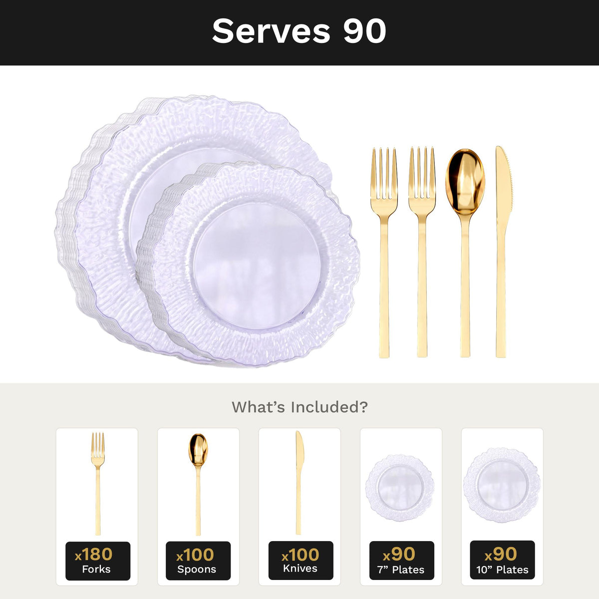 Purple Leaf Deluxe Set | Plates & Gold Cutlery | Serves 90