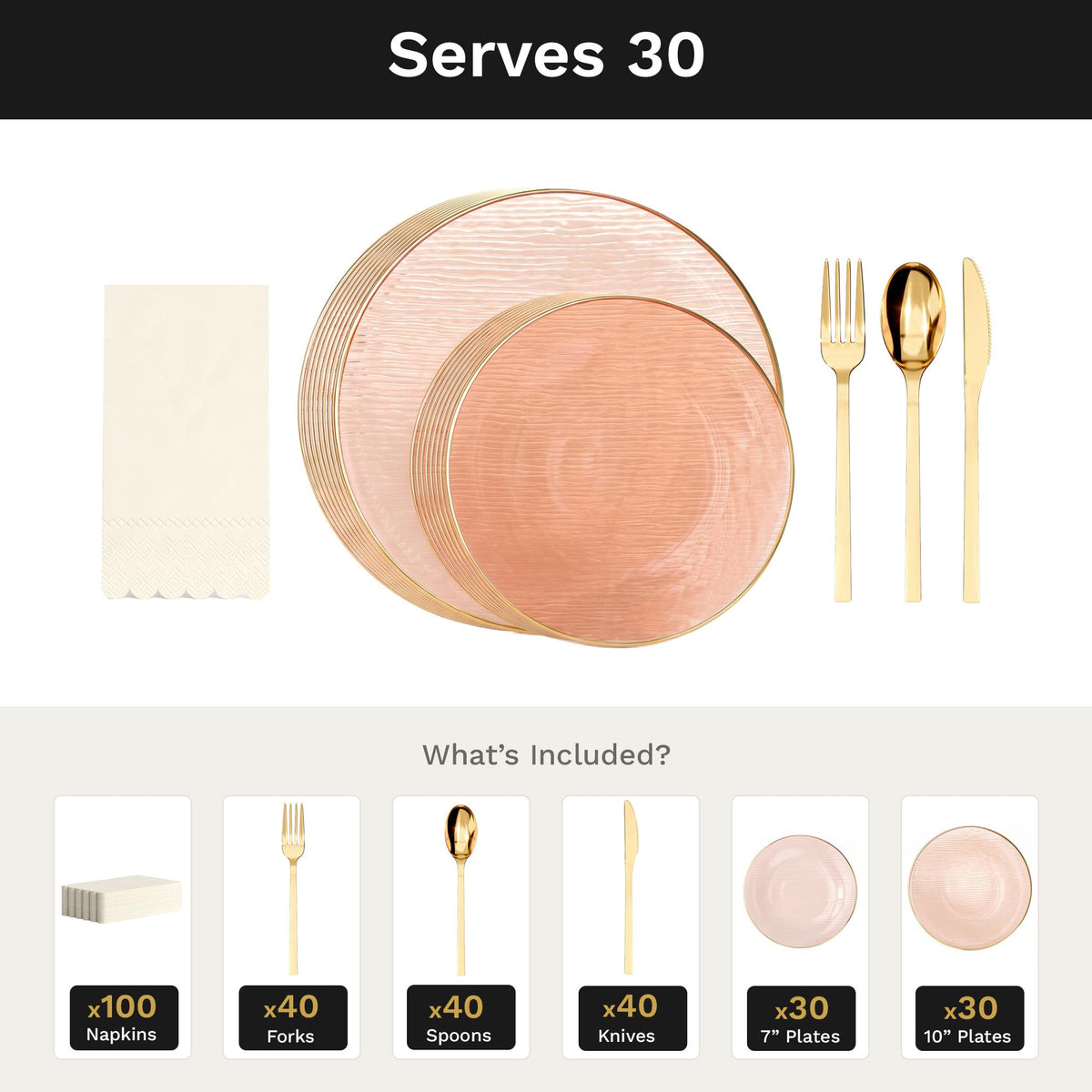 Pink Weave Ultimate Set | Plates, Gold Cutlery & Napkins | Serves 30