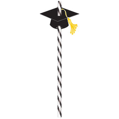 Graduation Cap Paper Straws, Black/White, Striped, 8 inch, 12-pk - Pack of 2