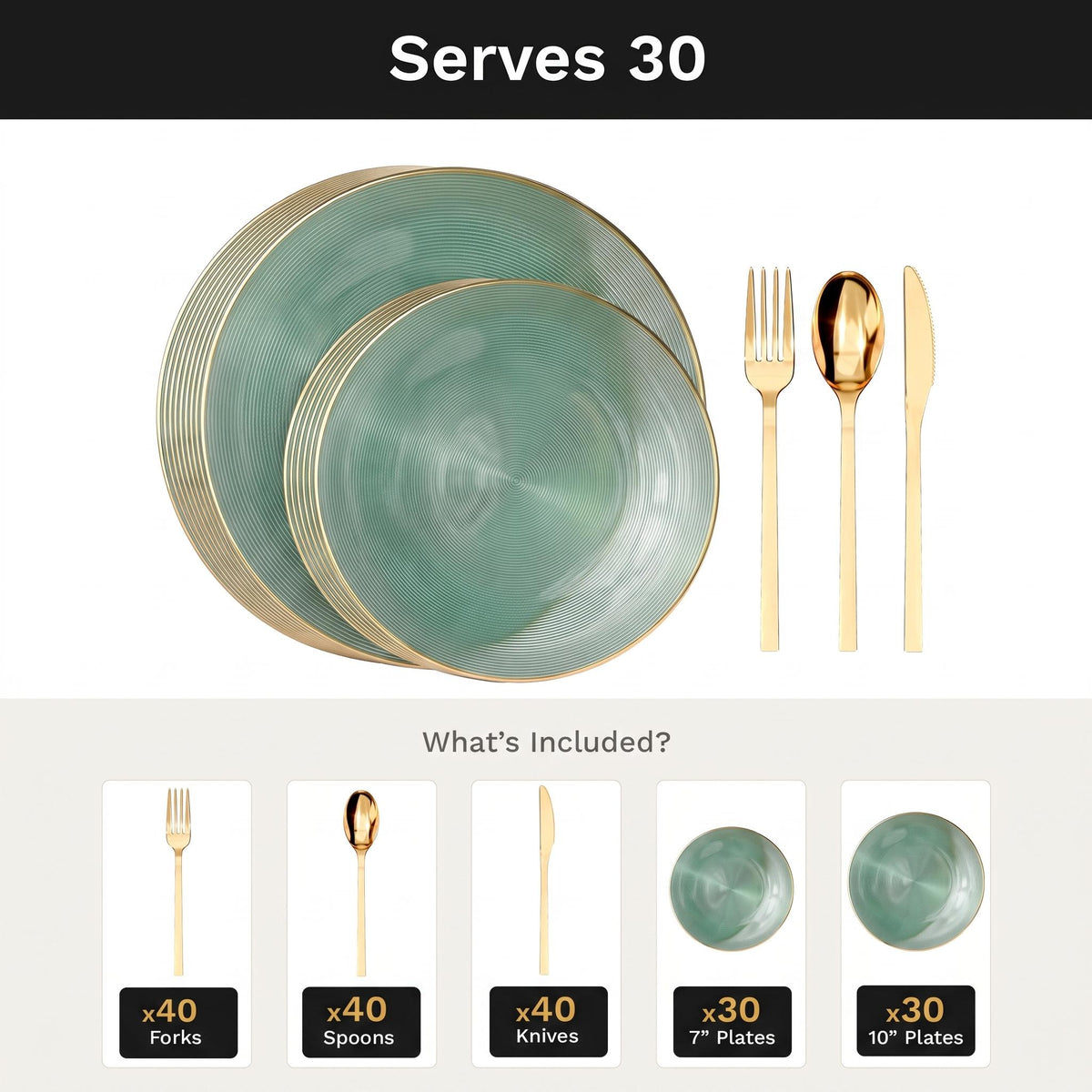 Green Luster Deluxe Set | Plates & Gold Cutlery | Serves 30