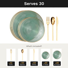 Green Luster Deluxe Set | Plates & Gold Cutlery | Serves 30