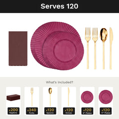 Mahogany Gemstone Ultimate Set | Plates, Gold Cutlery & Napkins | Serves 120