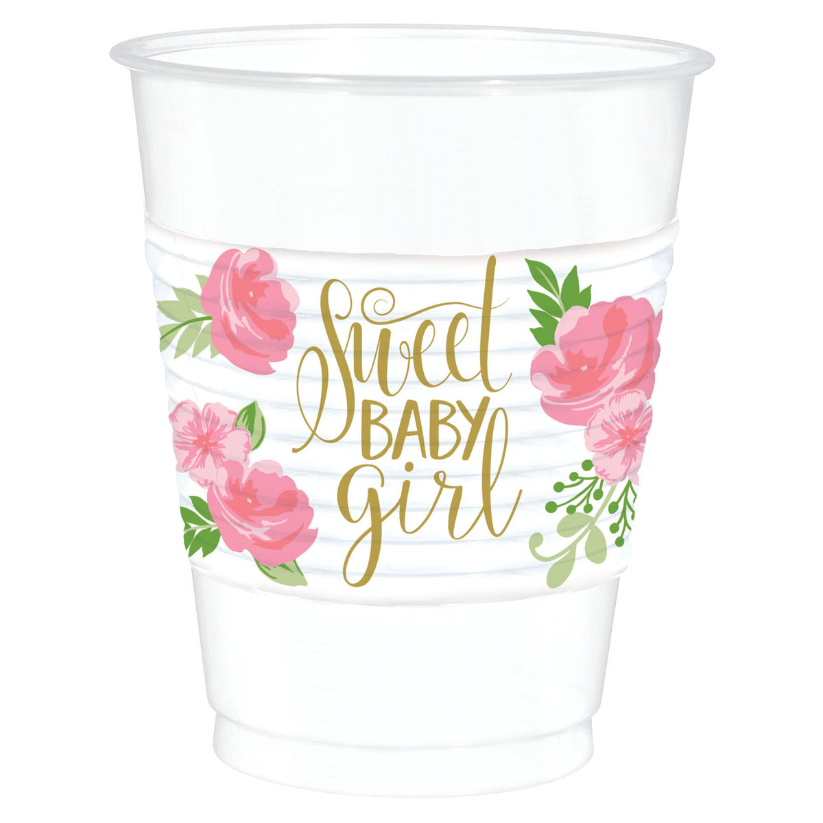 Floral Baby Girl Plastic Cups, 16-oz, 25-ct - Case of 36