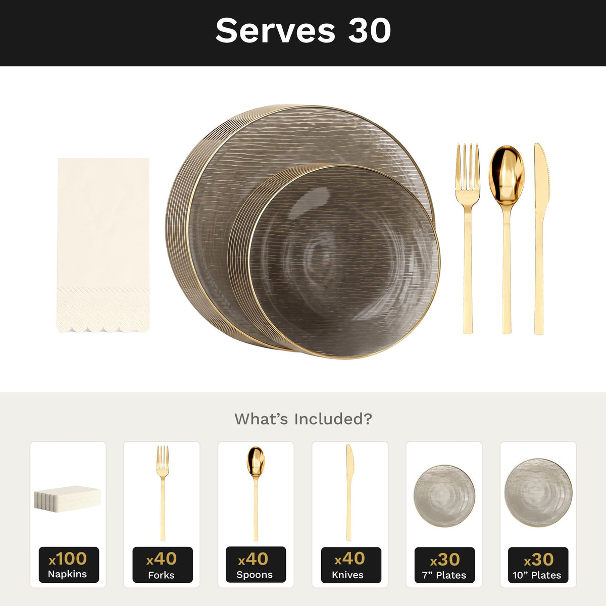 Smoke Weave Ultimate Set | Plates, Gold Cutlery & Napkins | Serves 30