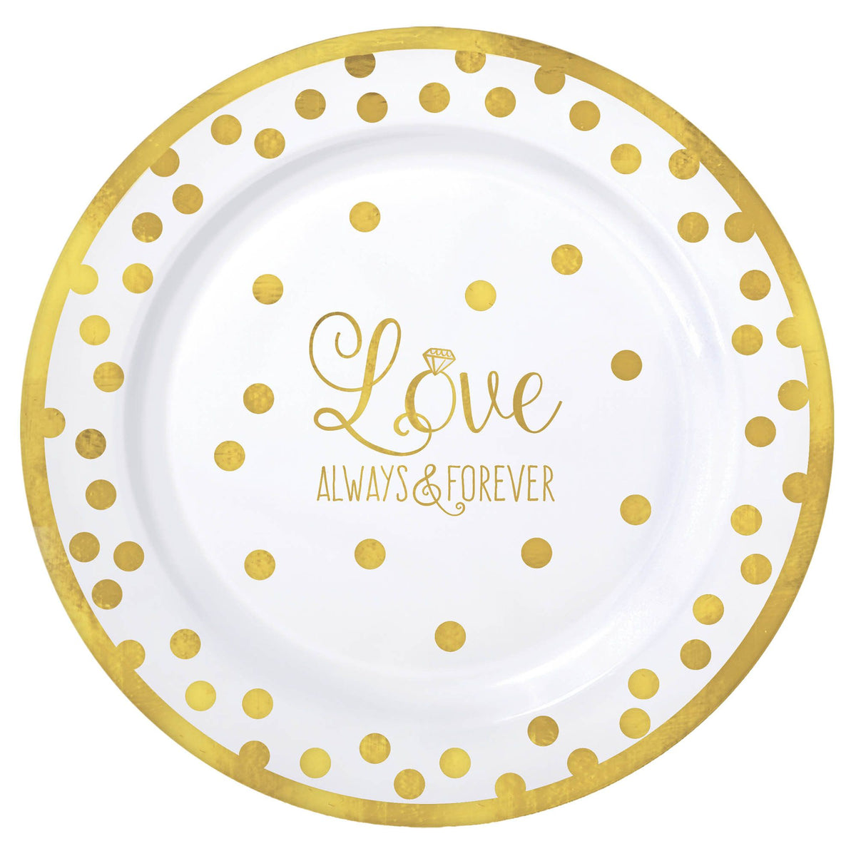 "Love Always & Forever" Plastic Lunch Plates, Gold/White Polka Dot, 7 inch, 20-ct - Case of 12