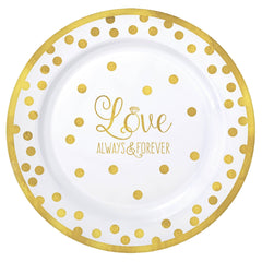 "Love Always & Forever" Plastic Lunch Plates, Gold/White Polka Dot, 7 inch, 20-ct - Case of 12