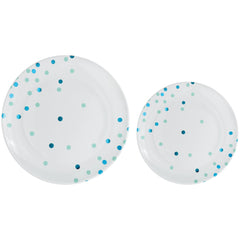 Round Plastic Reusable Dinner & Dessert Plates, Blue/ White, Polka Dot, 7.5-in & 10.5-in,20-pk | Case of 12