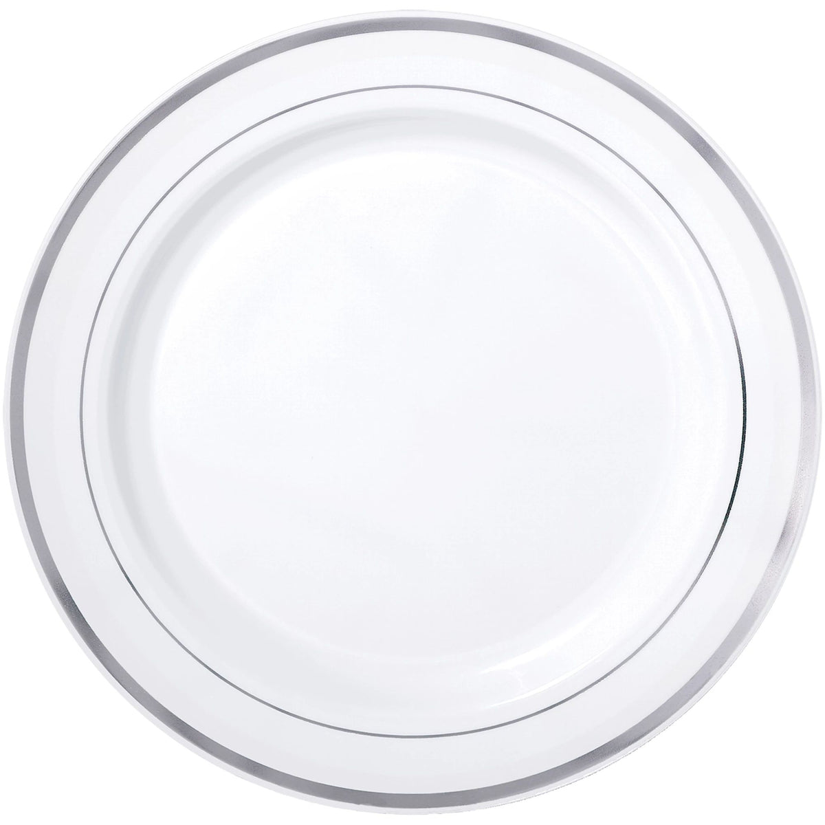 Round Bordered Trimmed Plastic Reusable Dinner Plates, Silver/ White, 10-in, 40-pk