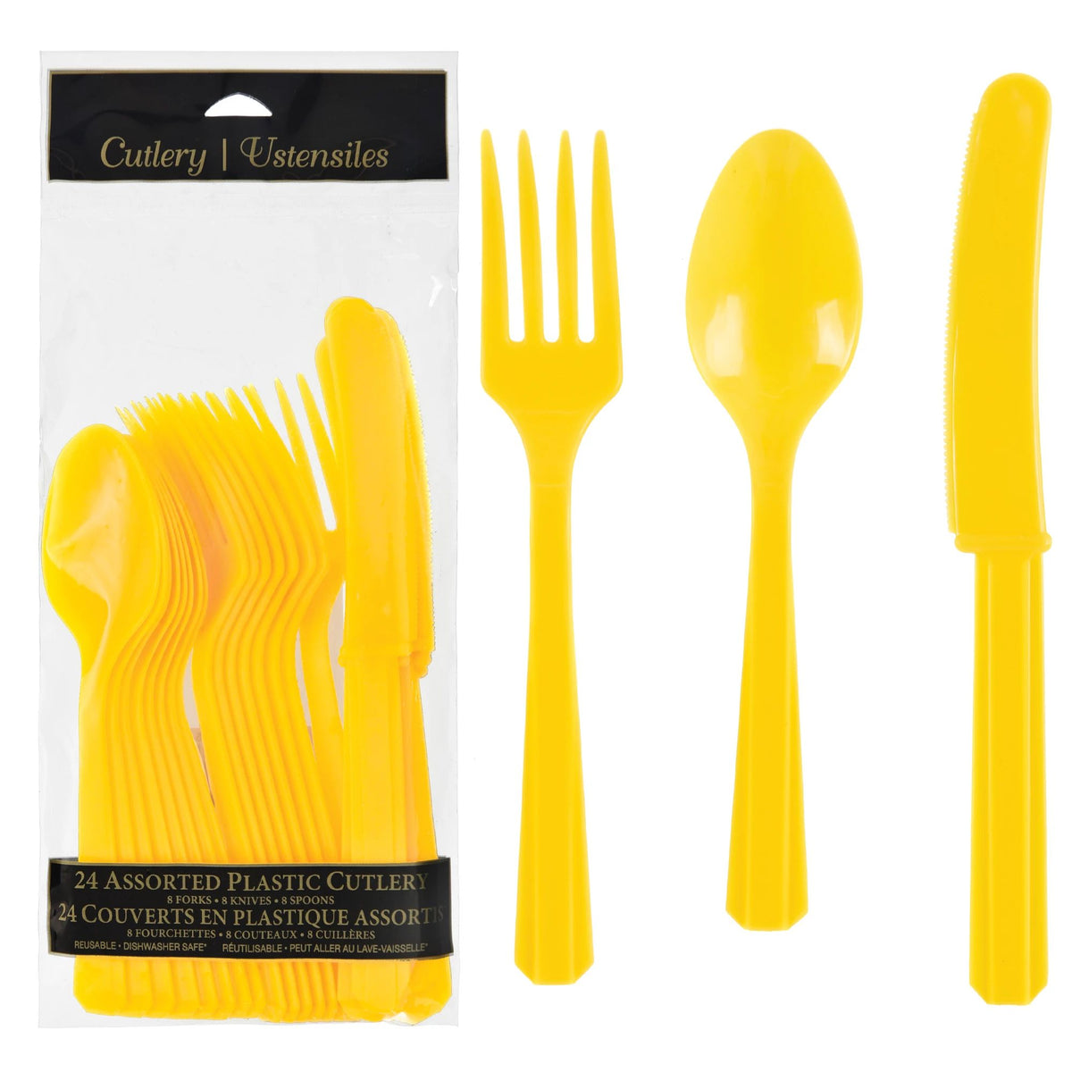 Sunshine Yellow Assorted Plastic Cutlery Set - 24 Pack - Pack of 12