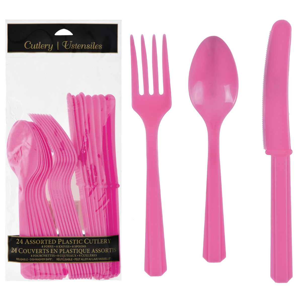 Bright Pink Assorted Plastic Cutlery Set - 24 Pieces - Case of 96