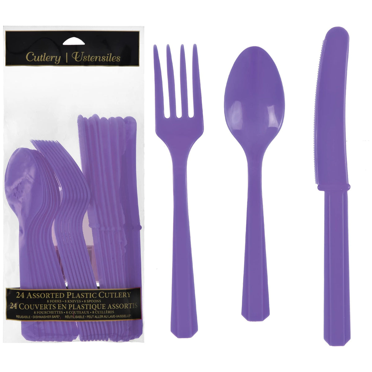 Purple Assorted Plastic Cutlery Set - 24 Pack - Case of 96