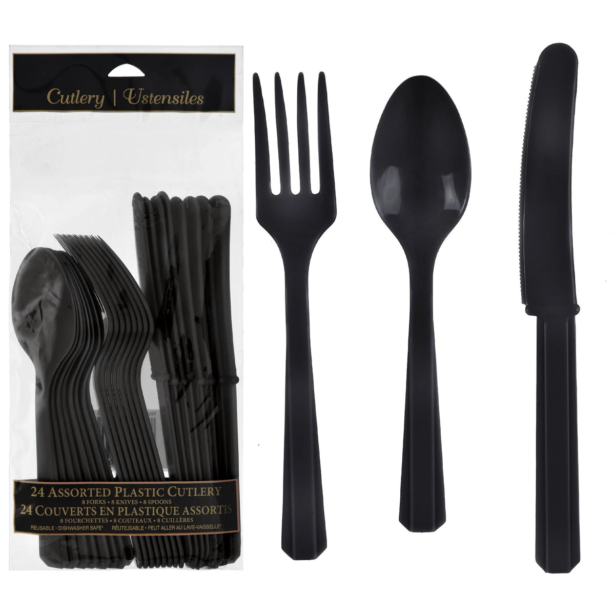 Black Plastic Cutlery Set - 24 Piece Assortment - Pack of 2