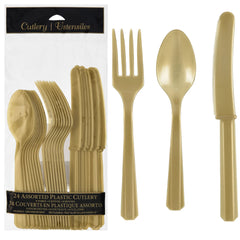 Elegant Gold Assorted Plastic Cutlery Set - 24 Pieces - Pack of 12