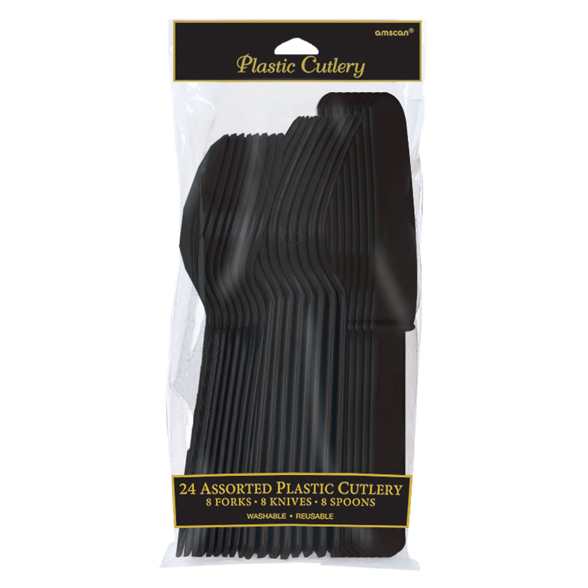 Jet Black Assorted Plastic Cutlery Set - 24 Pieces - Pack of 2
