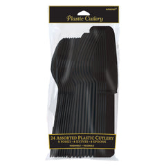 Jet Black Assorted Plastic Cutlery Set - 24 Pieces - Pack of 2