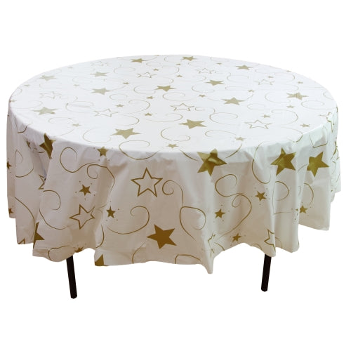 84in. Round Printed Plastic Table cover Gold Stars | 48 Count