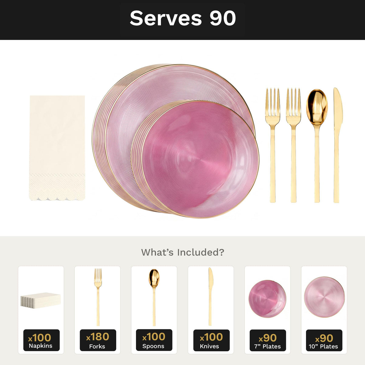 Pink Luster Ultimate Set | Plates, Gold Cutlery & Napkins | Serves 90