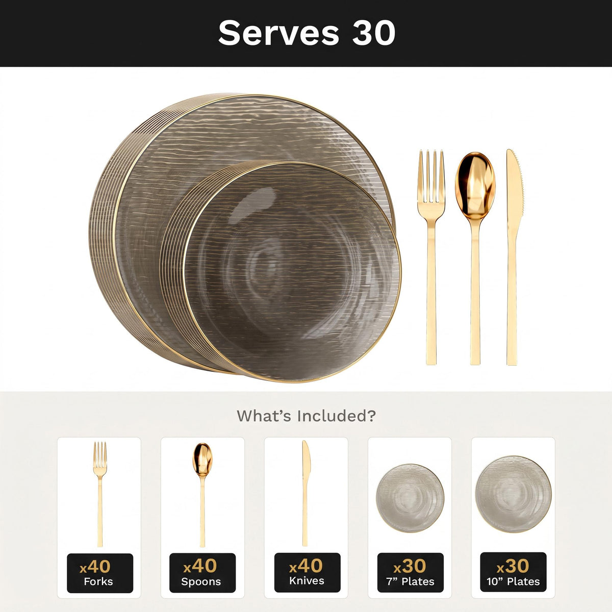Smoke Weave Deluxe Set | Plates & Gold Cutlery | Serves 30