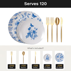 Botanical Deluxe Set | Plates & Gold Cutlery | Serves 120