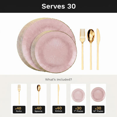 Pink Burst Deluxe Set | Plates & Gold Cutlery | Serves 30