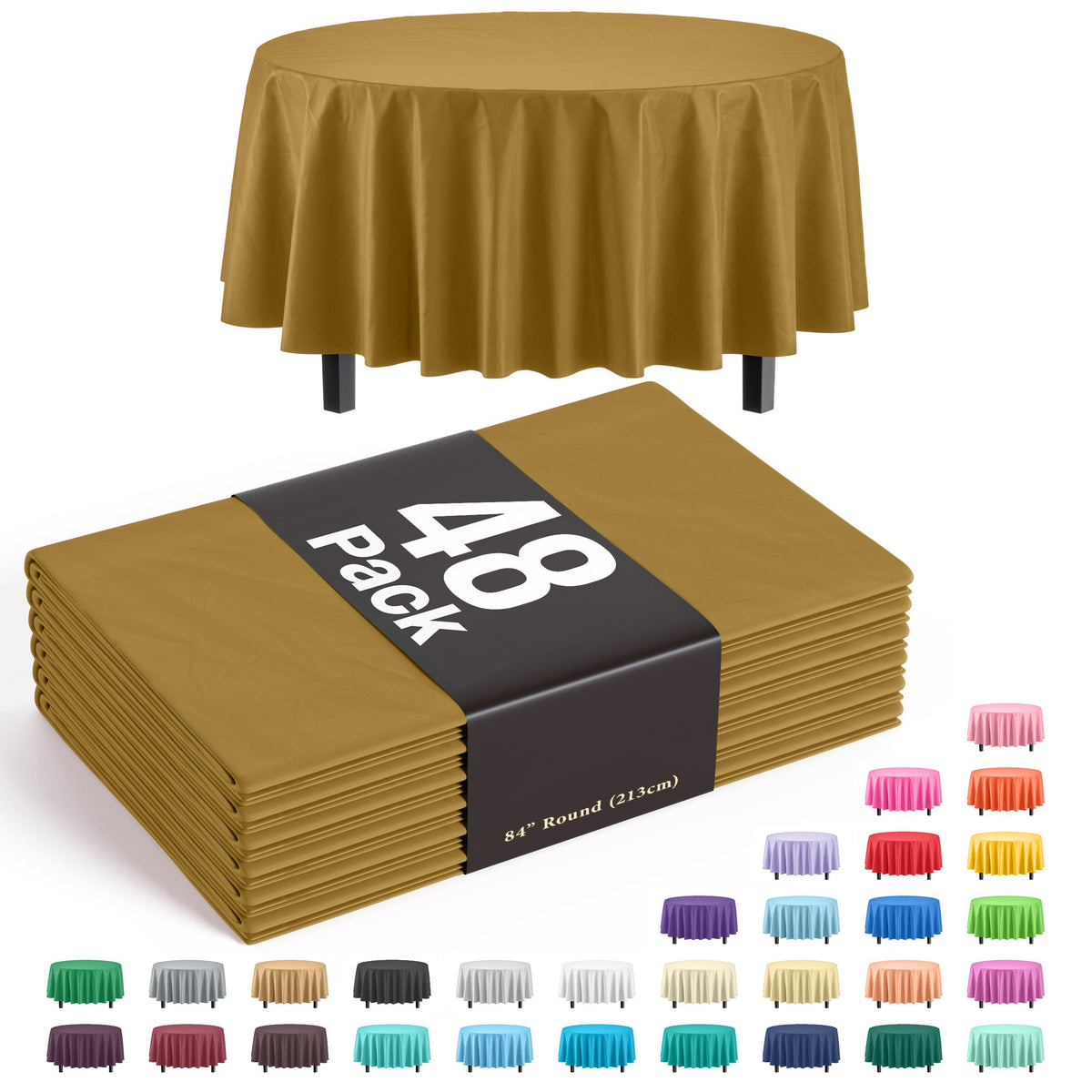 Gold Round Plastic Table Covers | 48 Count