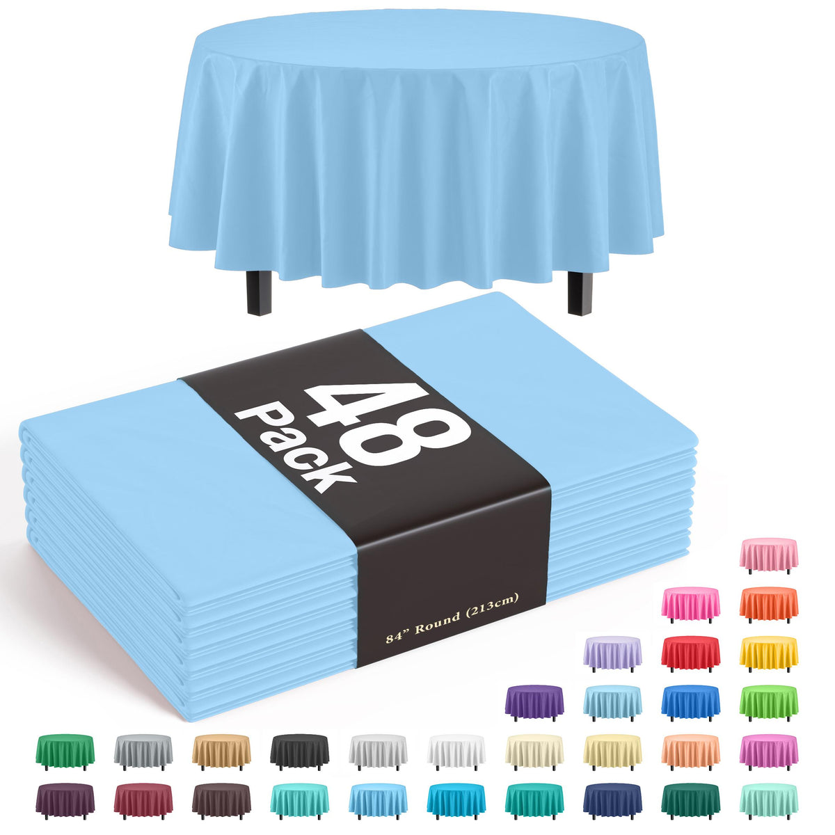 Light Blue Round Plastic Table Covers | 48 Count