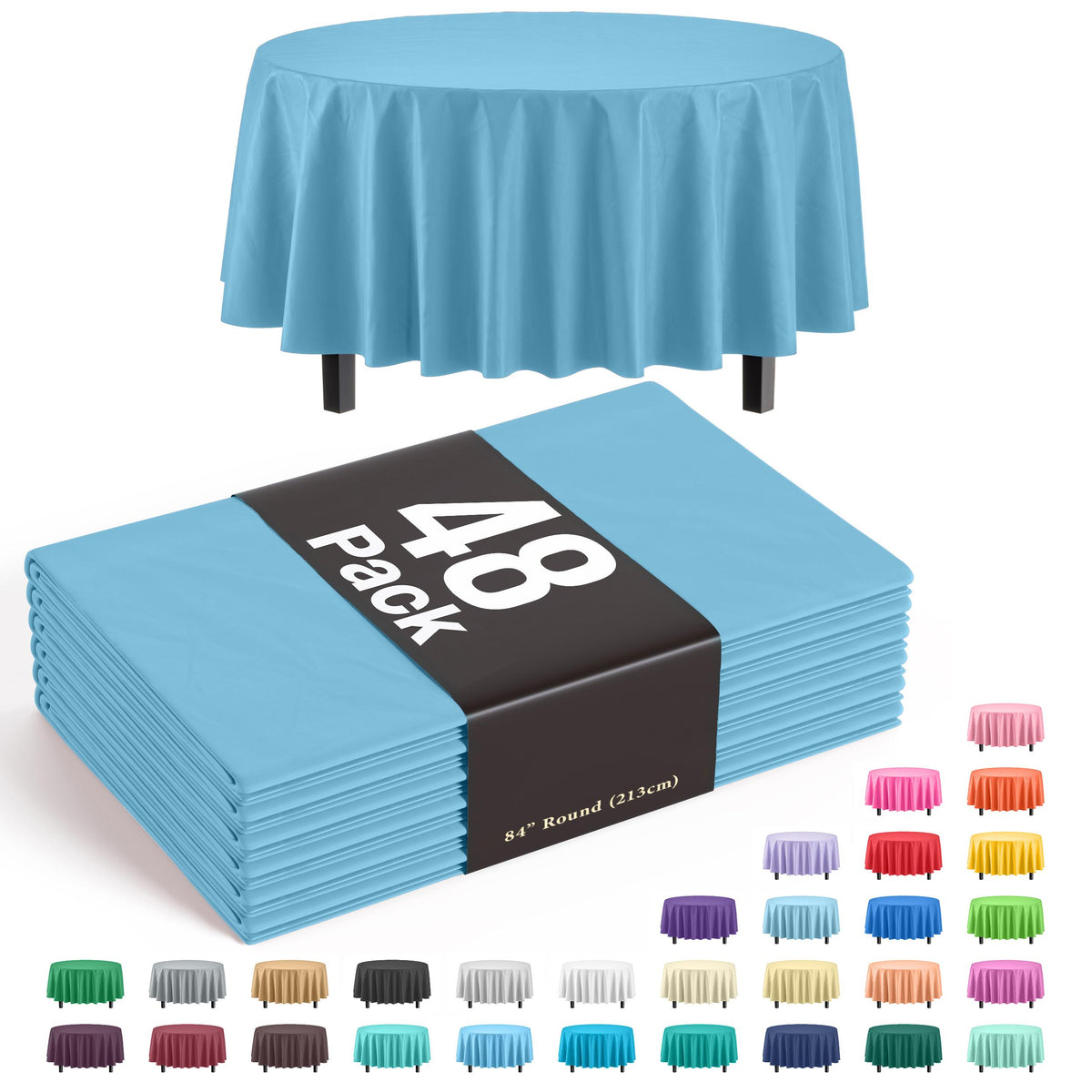 Sky Blue Round Plastic Table Covers | 48 Count