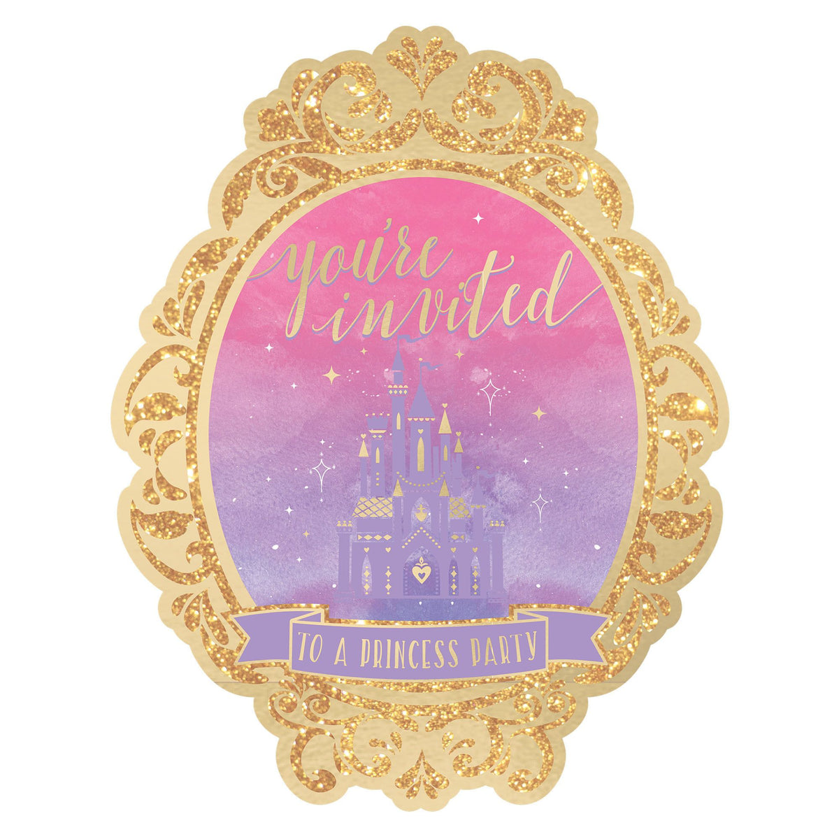 Disney Princess Once Upon A Time Invitations, Gold/Pink/Purple, 8-ct - Case of 48