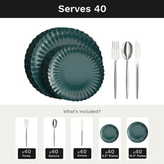 Scalloped Black Aqua Deluxe Set | Plates & Silver Cutlery | Serves 40