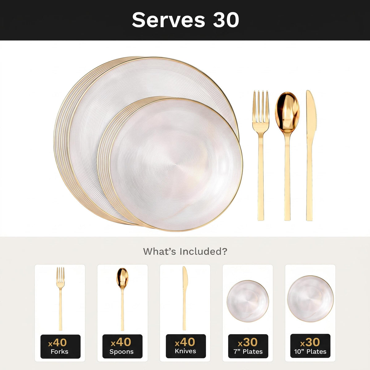 Clear Luster Deluxe Set | Plates & Gold Cutlery | Serves 30