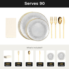 Clear Burst Ultimate Set | Plates, Gold Cutlery & Napkins | Serves 90