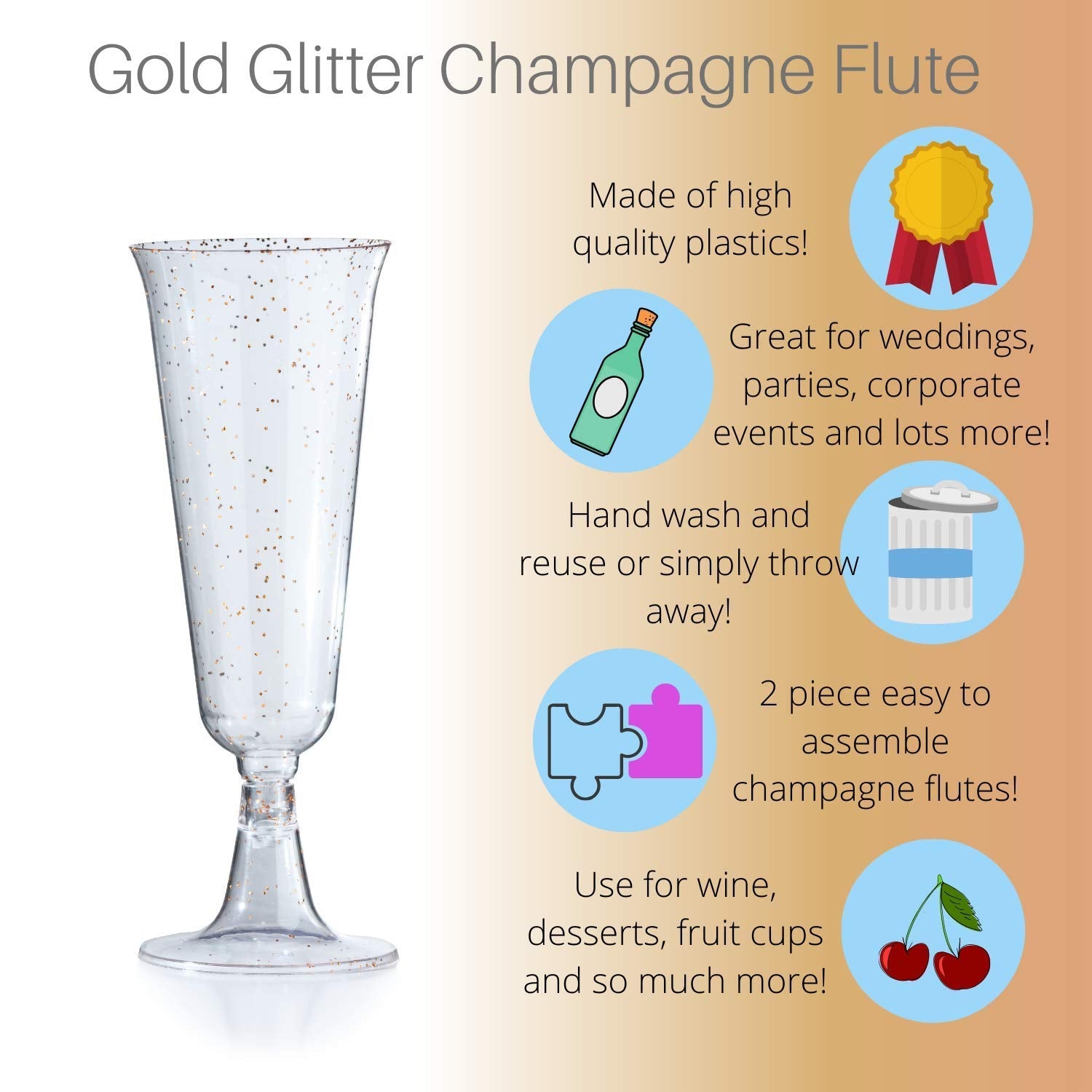 5 Oz. Gold Sparkle Plastic Flute Glasses | 24 Count