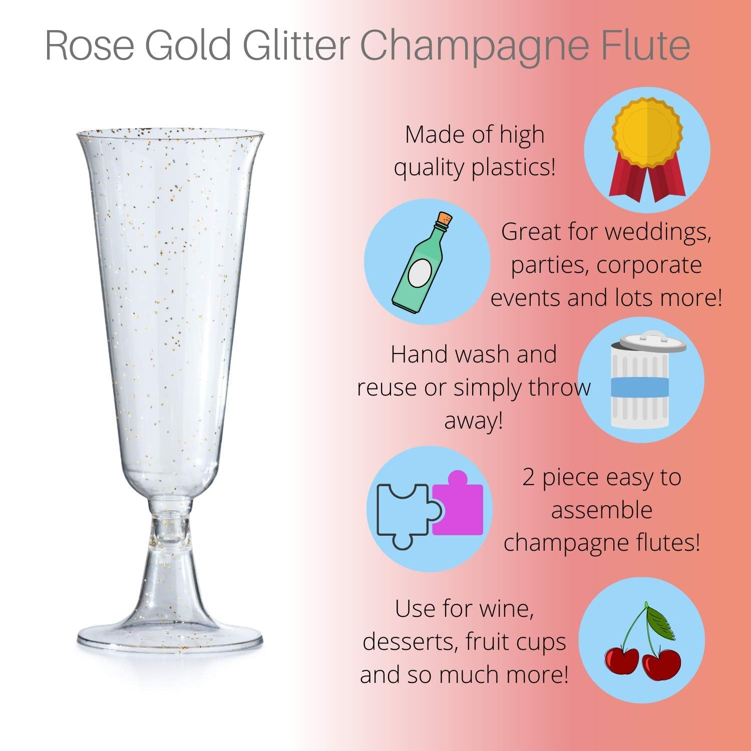 5 Oz. Rose Gold Sparkle Plastic Flute Glasses | 24 Count