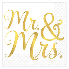 Mr & Mrs Beverage Napkins, White/Gold, 5-inch, 16-ct, 2-ply - Case of 72