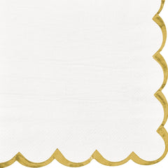 White Scalloped Beverage Napkins with Gold Hot Stamped Edge, 16-pk | Case of 144